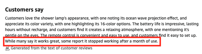 Amazon's review summary block on the competitor listing