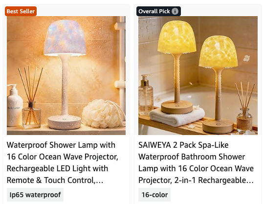 Six shower lamp listing thumbnails, the Auria Glow among them