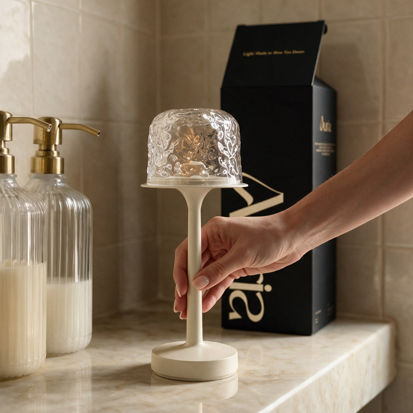 Auria Glow in a real bathroom, overheads off